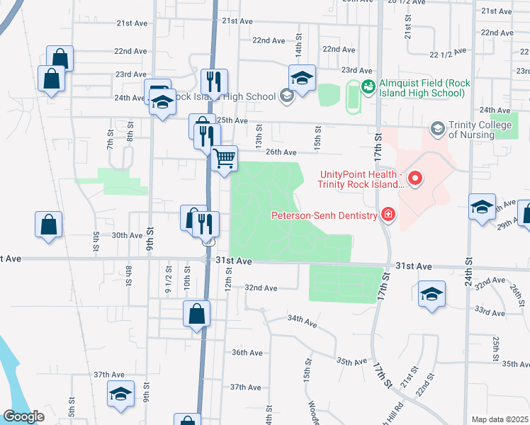 map of restaurants, bars, coffee shops, grocery stores, and more near 2901 12th Street in Rock Island