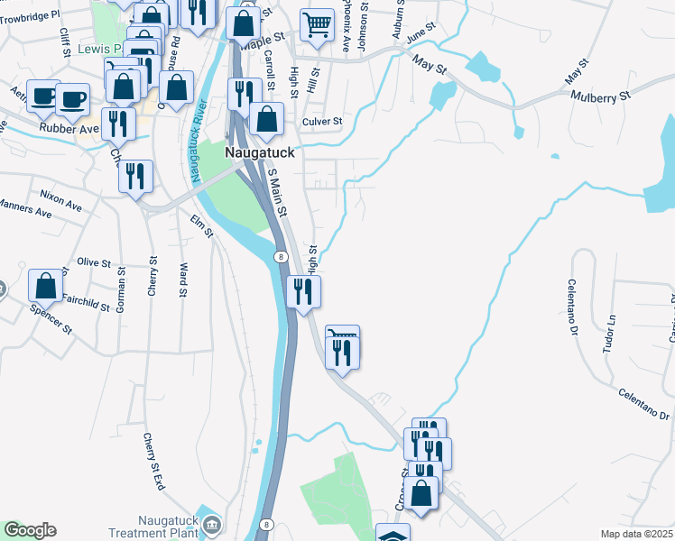 map of restaurants, bars, coffee shops, grocery stores, and more near 21 High Street in Naugatuck