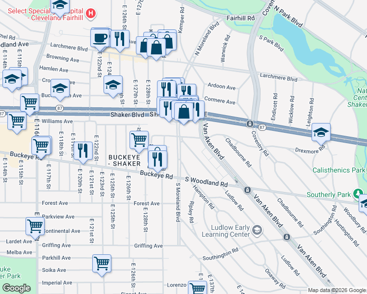 map of restaurants, bars, coffee shops, grocery stores, and more near 2840 Ludlow Road in Cleveland