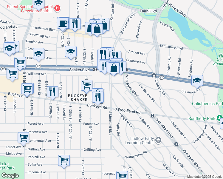map of restaurants, bars, coffee shops, grocery stores, and more near 2852 South Moreland Boulevard in Cleveland
