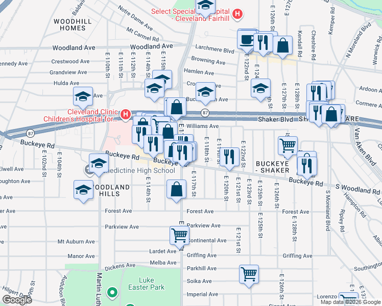 map of restaurants, bars, coffee shops, grocery stores, and more near 11705 Buckeye Road in Cleveland
