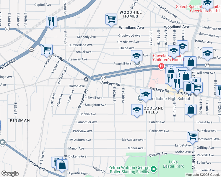 map of restaurants, bars, coffee shops, grocery stores, and more near 2863 East 100th Street in Cleveland