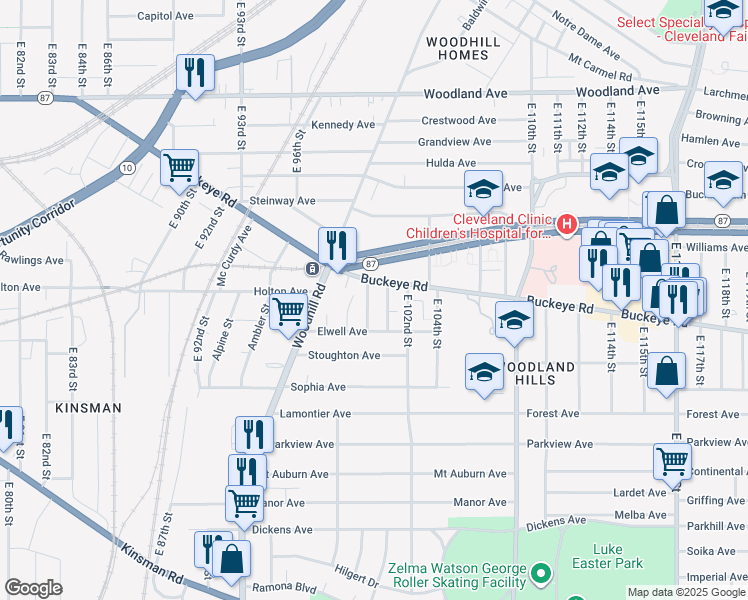 map of restaurants, bars, coffee shops, grocery stores, and more near 9813 Elwell Avenue in Cleveland