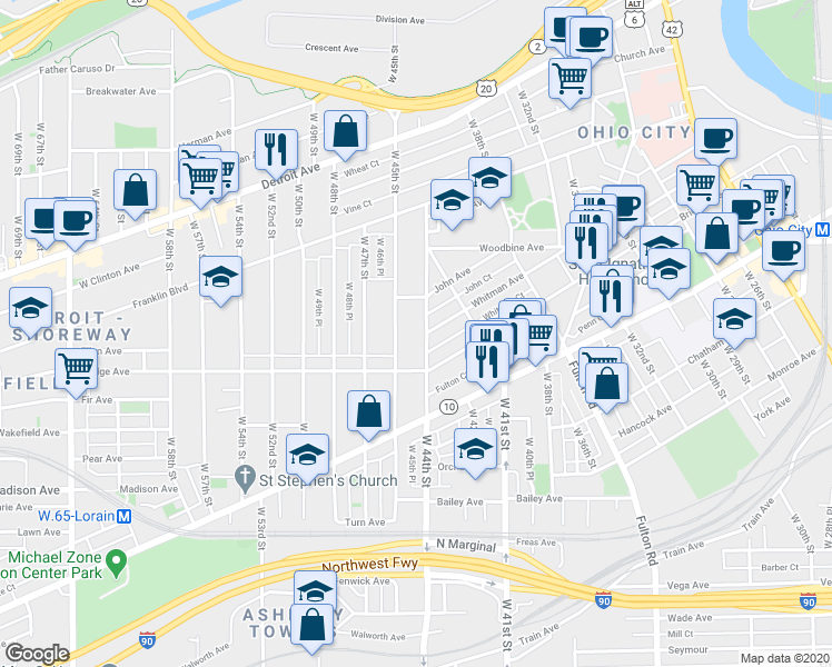 map of restaurants, bars, coffee shops, grocery stores, and more near 1938 West 44th Street in Cleveland