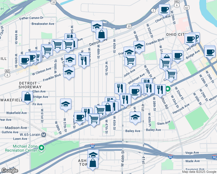 map of restaurants, bars, coffee shops, grocery stores, and more near 1907 West 47th Street in Cleveland