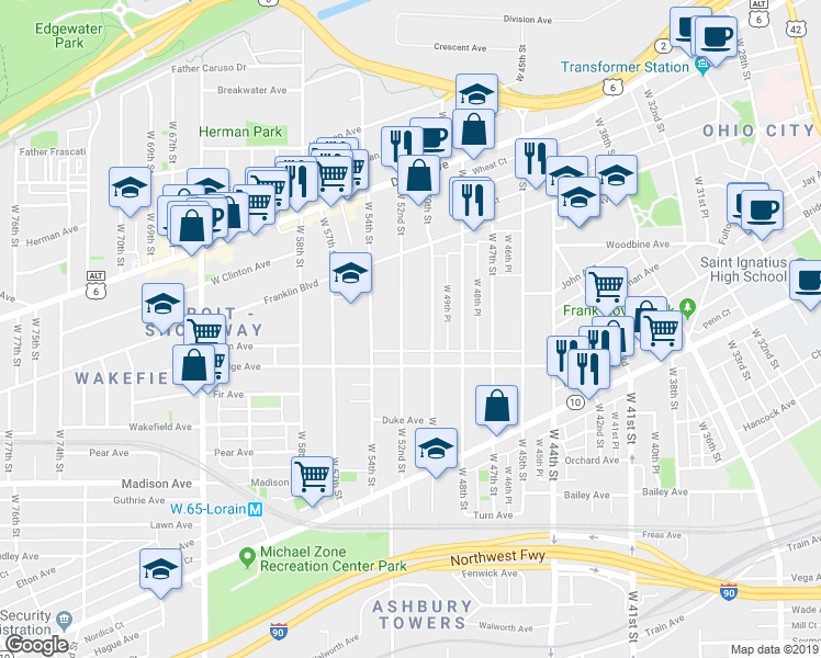 map of restaurants, bars, coffee shops, grocery stores, and more near 5004 Bridge Avenue in Cleveland