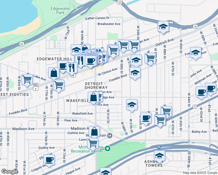 map of restaurants, bars, coffee shops, grocery stores, and more near 6302 Bridge Avenue in Cleveland