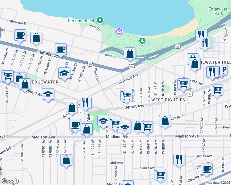 map of restaurants, bars, coffee shops, grocery stores, and more near 1369 West Boulevard in Cleveland