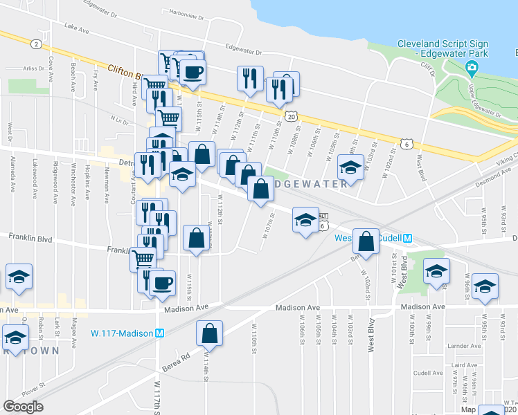 map of restaurants, bars, coffee shops, grocery stores, and more near 1426 West 107th Street in Cleveland