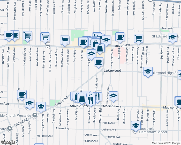map of restaurants, bars, coffee shops, grocery stores, and more near 1538 Elmwood Avenue in Lakewood