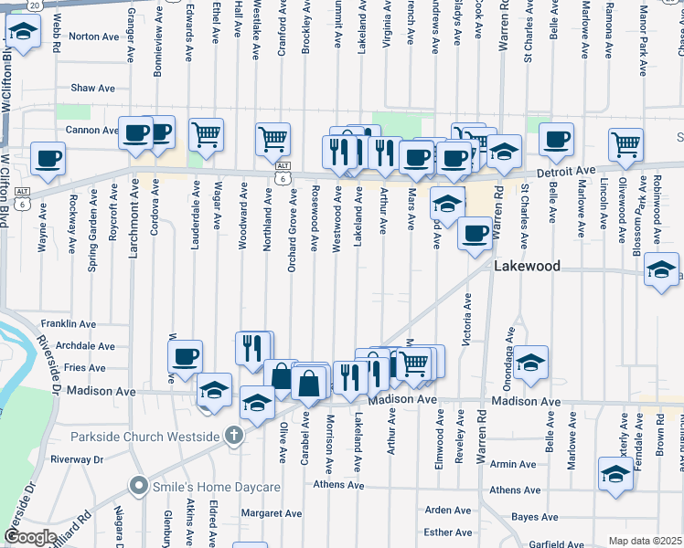 map of restaurants, bars, coffee shops, grocery stores, and more near 1545 Westwood Avenue in Lakewood