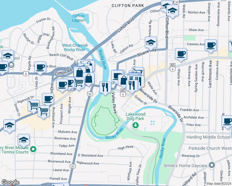 map of restaurants, bars, coffee shops, grocery stores, and more near 18900 Detroit Extension in Lakewood