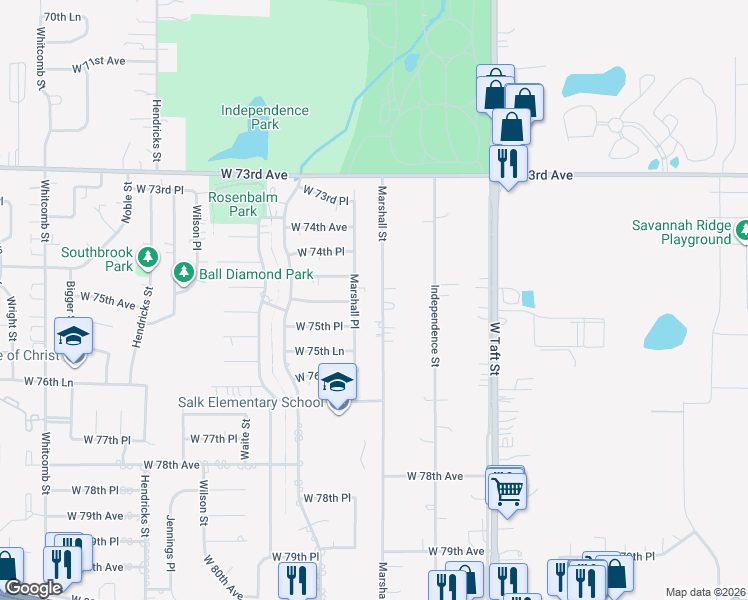 map of restaurants, bars, coffee shops, grocery stores, and more near 7525 Marshall Place in Merrillville