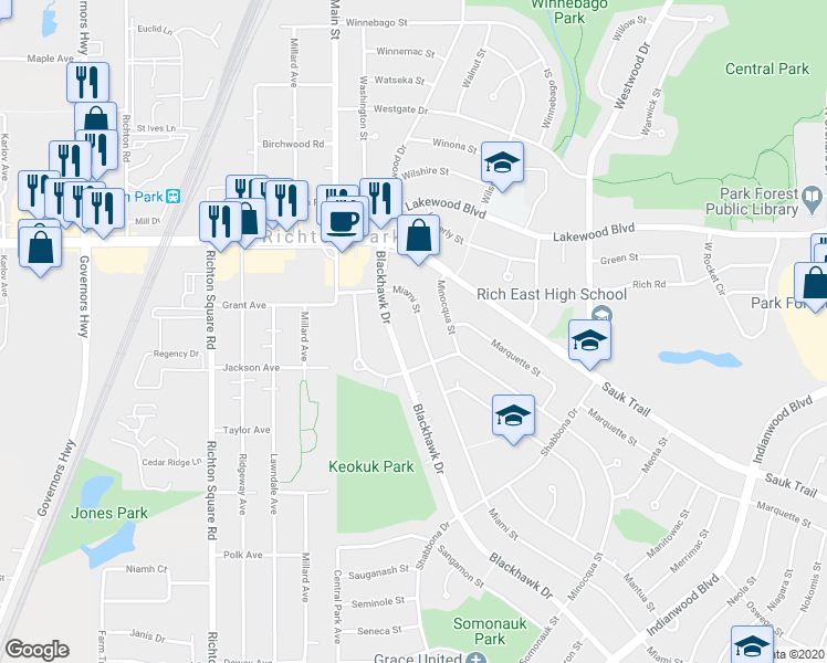 map of restaurants, bars, coffee shops, grocery stores, and more near 352 Blackhawk Drive in Park Forest