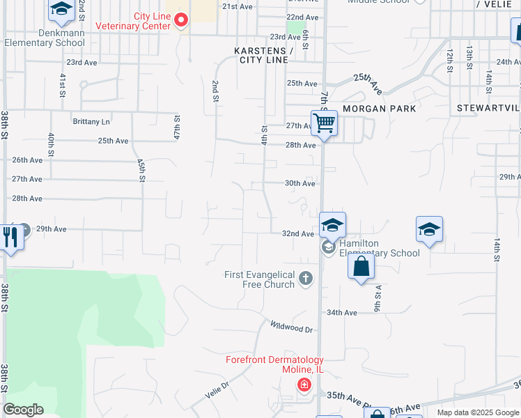 map of restaurants, bars, coffee shops, grocery stores, and more near 3032 3rd Street in Moline
