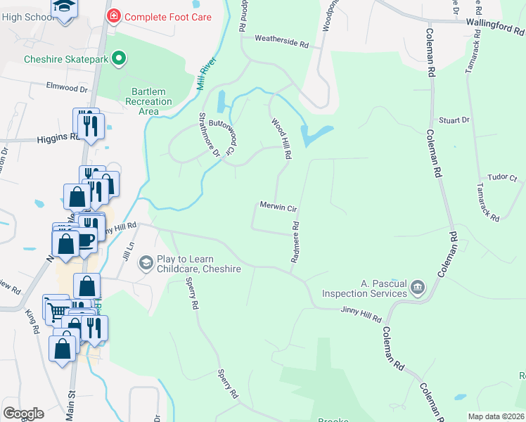 map of restaurants, bars, coffee shops, grocery stores, and more near 80 Merwin Circle in Cheshire