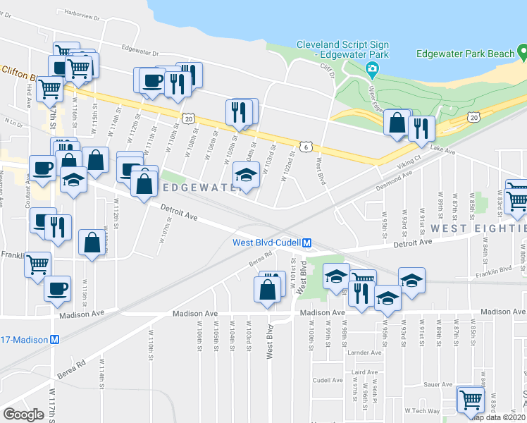 map of restaurants, bars, coffee shops, grocery stores, and more near 10211 Baltic Road in Cleveland
