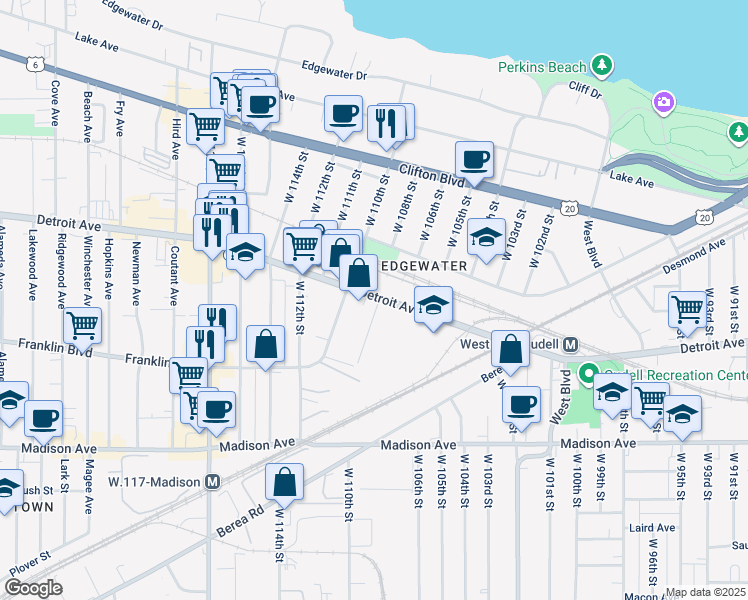 map of restaurants, bars, coffee shops, grocery stores, and more near 10707 Detroit Avenue in Cleveland