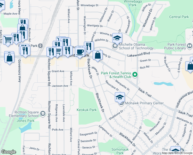 map of restaurants, bars, coffee shops, grocery stores, and more near 352 Blackhawk Drive in Park Forest