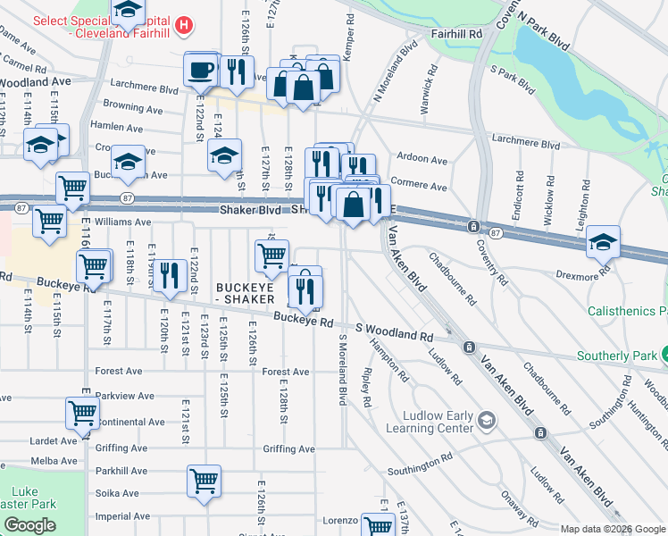 map of restaurants, bars, coffee shops, grocery stores, and more near 2852 South Moreland Boulevard in Cleveland