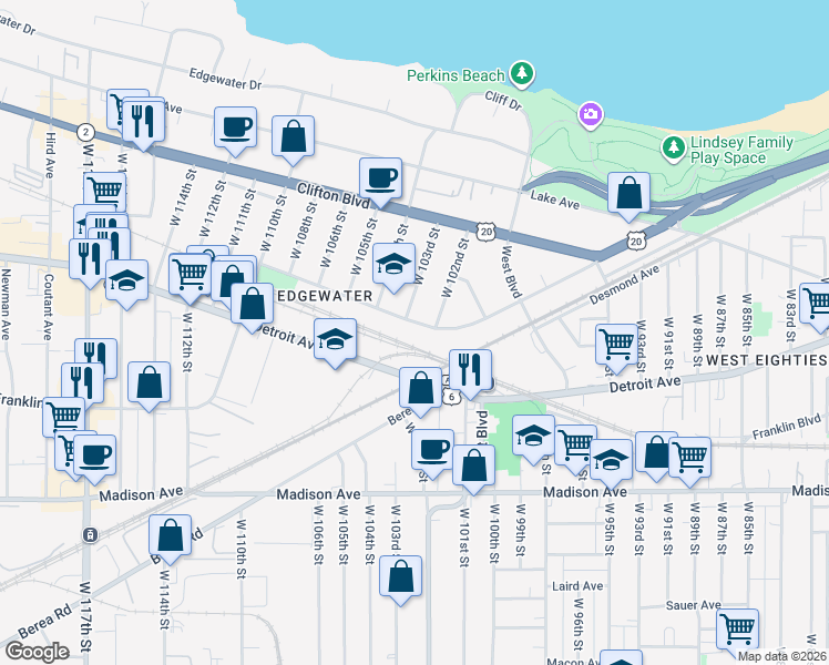 map of restaurants, bars, coffee shops, grocery stores, and more near 10211 Baltic Road in Cleveland