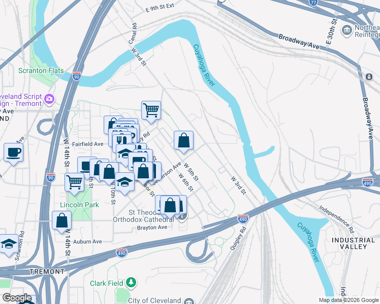map of restaurants, bars, coffee shops, grocery stores, and more near 2380 West 3rd Street in Cleveland