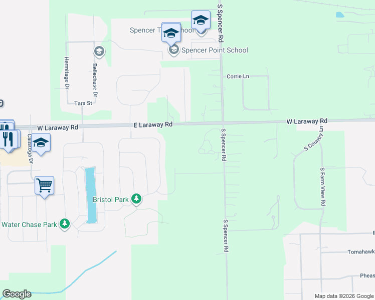 map of restaurants, bars, coffee shops, grocery stores, and more near 2085 South Spencer Road in New Lenox