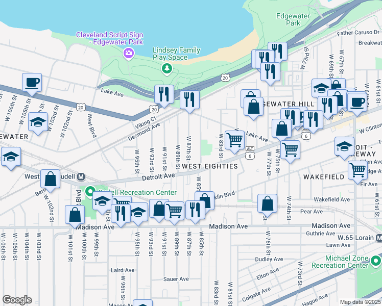map of restaurants, bars, coffee shops, grocery stores, and more near 1325 West 87th Street in Cleveland