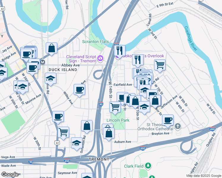 map of restaurants, bars, coffee shops, grocery stores, and more near 2241 West 14th Street in Cleveland