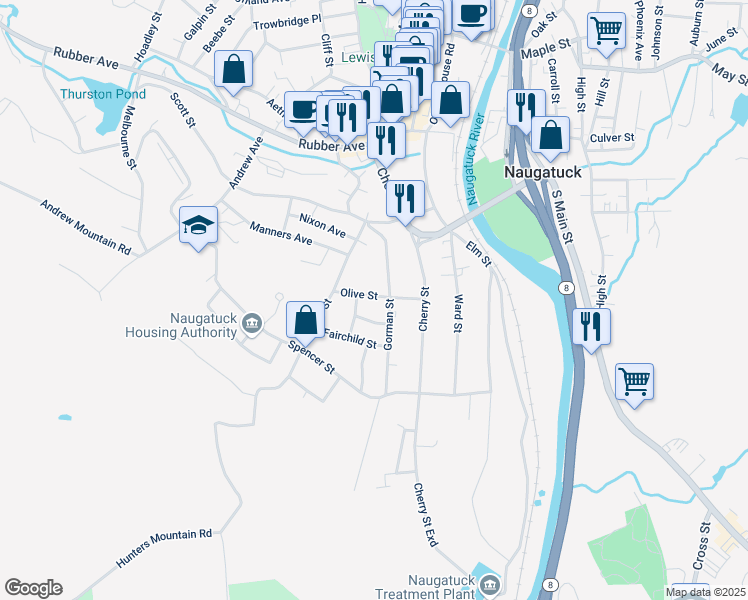 map of restaurants, bars, coffee shops, grocery stores, and more near 66 Olive Street in Naugatuck