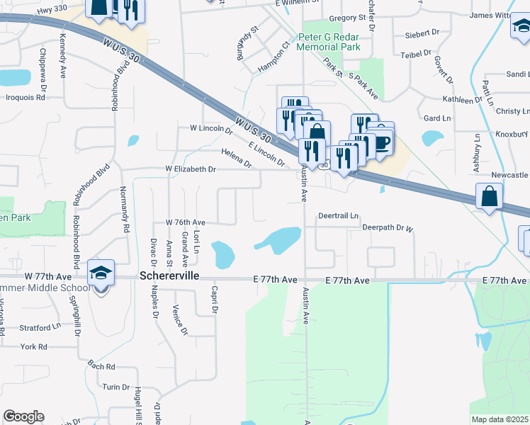 map of restaurants, bars, coffee shops, grocery stores, and more near 2298-2288 Sheila Drive in Schererville