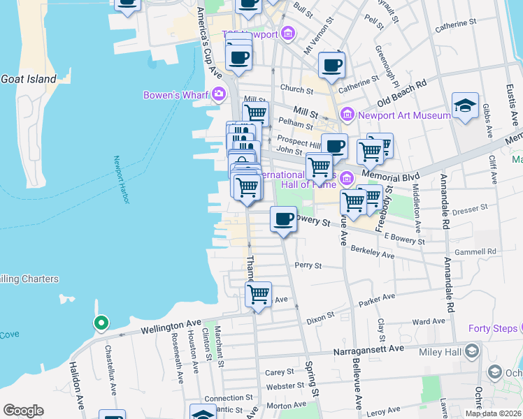 map of restaurants, bars, coffee shops, grocery stores, and more near 309 Spring Street in Newport