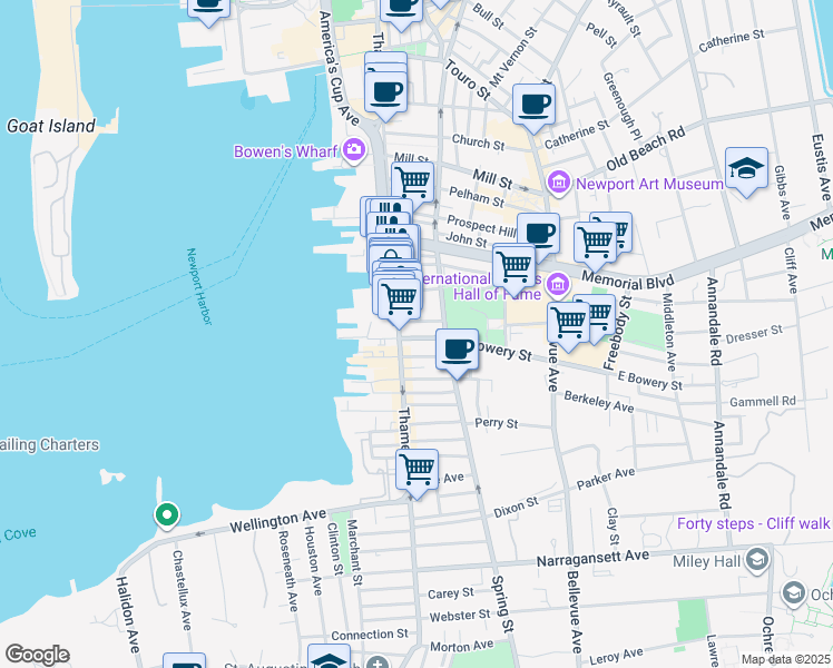 map of restaurants, bars, coffee shops, grocery stores, and more near 400 Thames Street in Newport