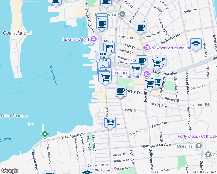 map of restaurants, bars, coffee shops, grocery stores, and more near 400 Thames Street in Newport