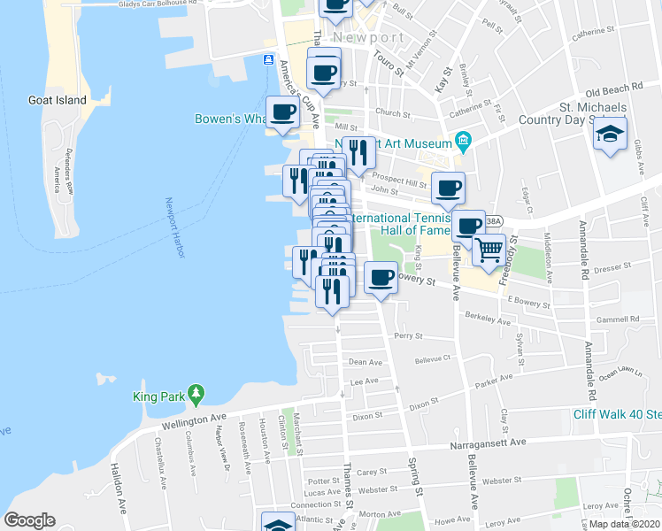 map of restaurants, bars, coffee shops, grocery stores, and more near 400 Thames Street in Newport