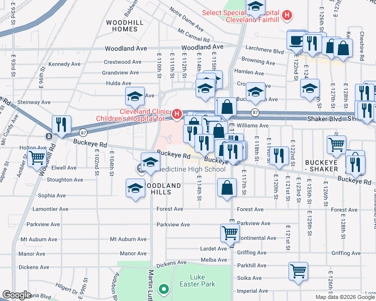 map of restaurants, bars, coffee shops, grocery stores, and more near 11381 Buckeye Road in Cleveland