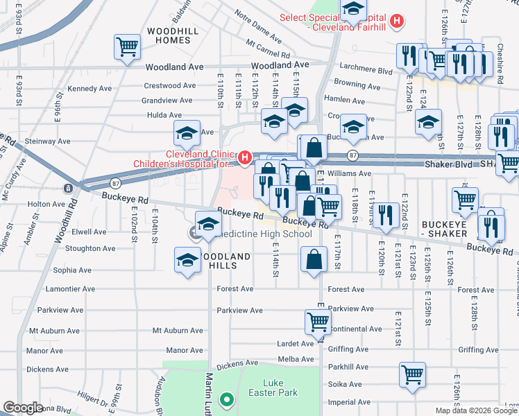 map of restaurants, bars, coffee shops, grocery stores, and more near 11381 Buckeye Road in Cleveland