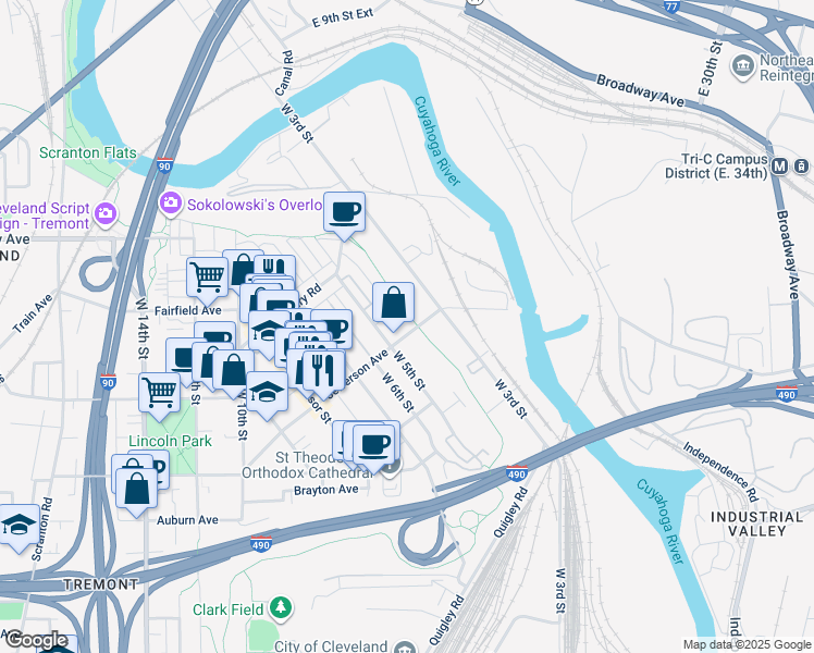 map of restaurants, bars, coffee shops, grocery stores, and more near 2380 West 3rd Street in Cleveland