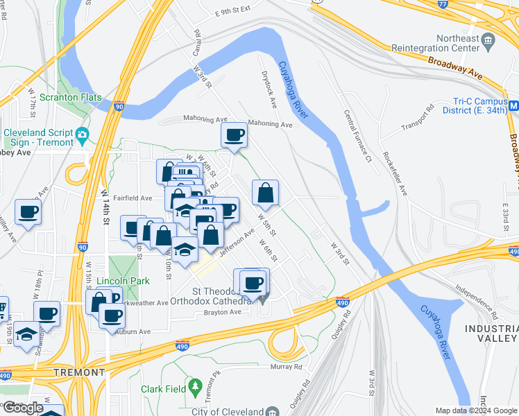 map of restaurants, bars, coffee shops, grocery stores, and more near 2291 City View Drive in Cleveland