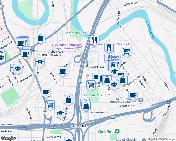 map of restaurants, bars, coffee shops, grocery stores, and more near 2187 West 14th Street in Cleveland