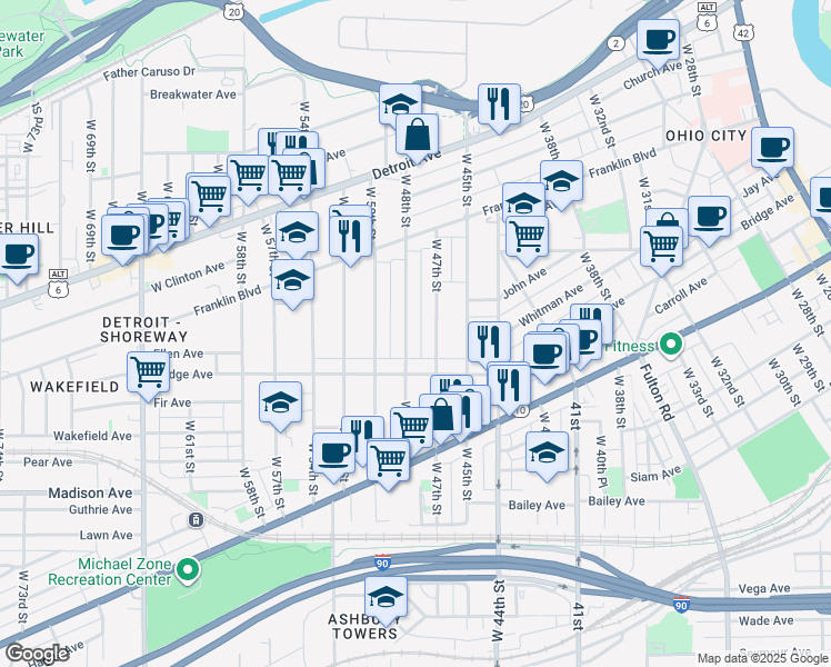 map of restaurants, bars, coffee shops, grocery stores, and more near 1835 West 48th Street in Cleveland
