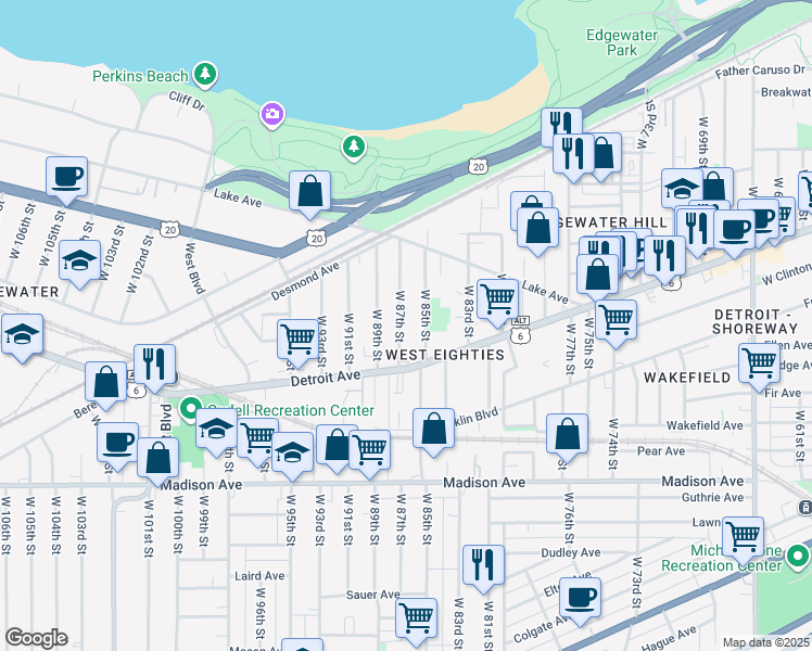 map of restaurants, bars, coffee shops, grocery stores, and more near 1325 West 87th Street in Cleveland