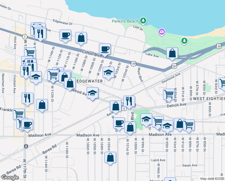 map of restaurants, bars, coffee shops, grocery stores, and more near 1339 West 103rd Street in Cleveland