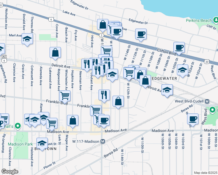 map of restaurants, bars, coffee shops, grocery stores, and more near 1426 West 116th Street in Cleveland