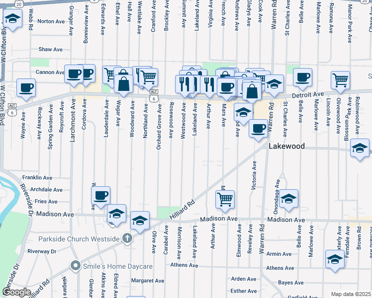 map of restaurants, bars, coffee shops, grocery stores, and more near 1493 Westwood Avenue in Lakewood