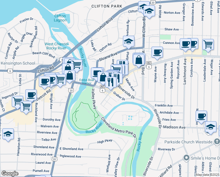 map of restaurants, bars, coffee shops, grocery stores, and more near 1367 Mathews Avenue in Lakewood