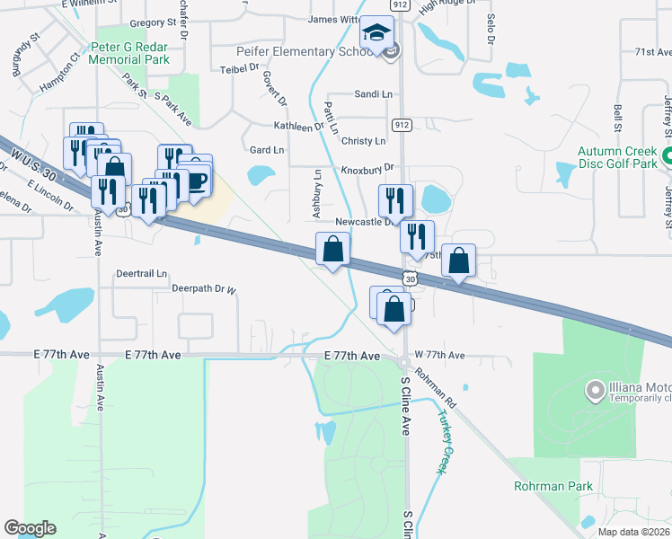 map of restaurants, bars, coffee shops, grocery stores, and more near 500 West Lincoln Highway in Schererville