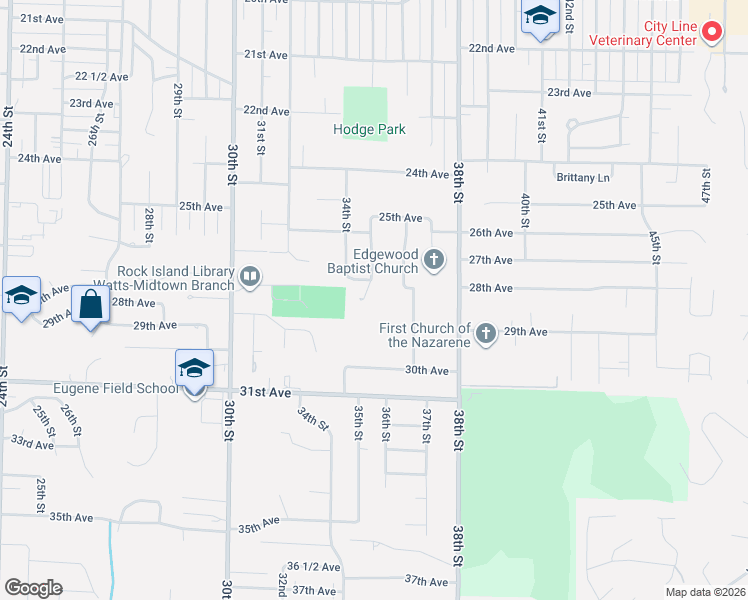 map of restaurants, bars, coffee shops, grocery stores, and more near 2728 34th Street in Rock Island