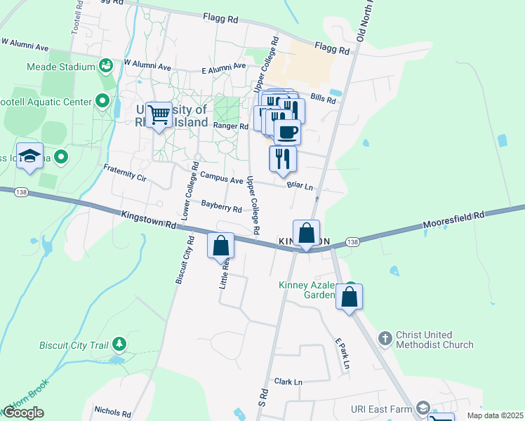 map of restaurants, bars, coffee shops, grocery stores, and more near in South Kingstown