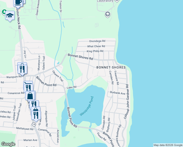 map of restaurants, bars, coffee shops, grocery stores, and more near 25 Maywood Road in Narragansett